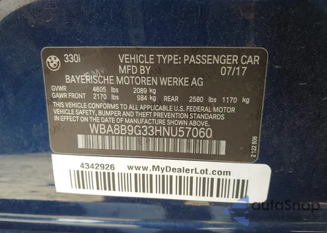 2017 BMW 330I from USA, damaged, VIN WBA8B9G33HNU57060